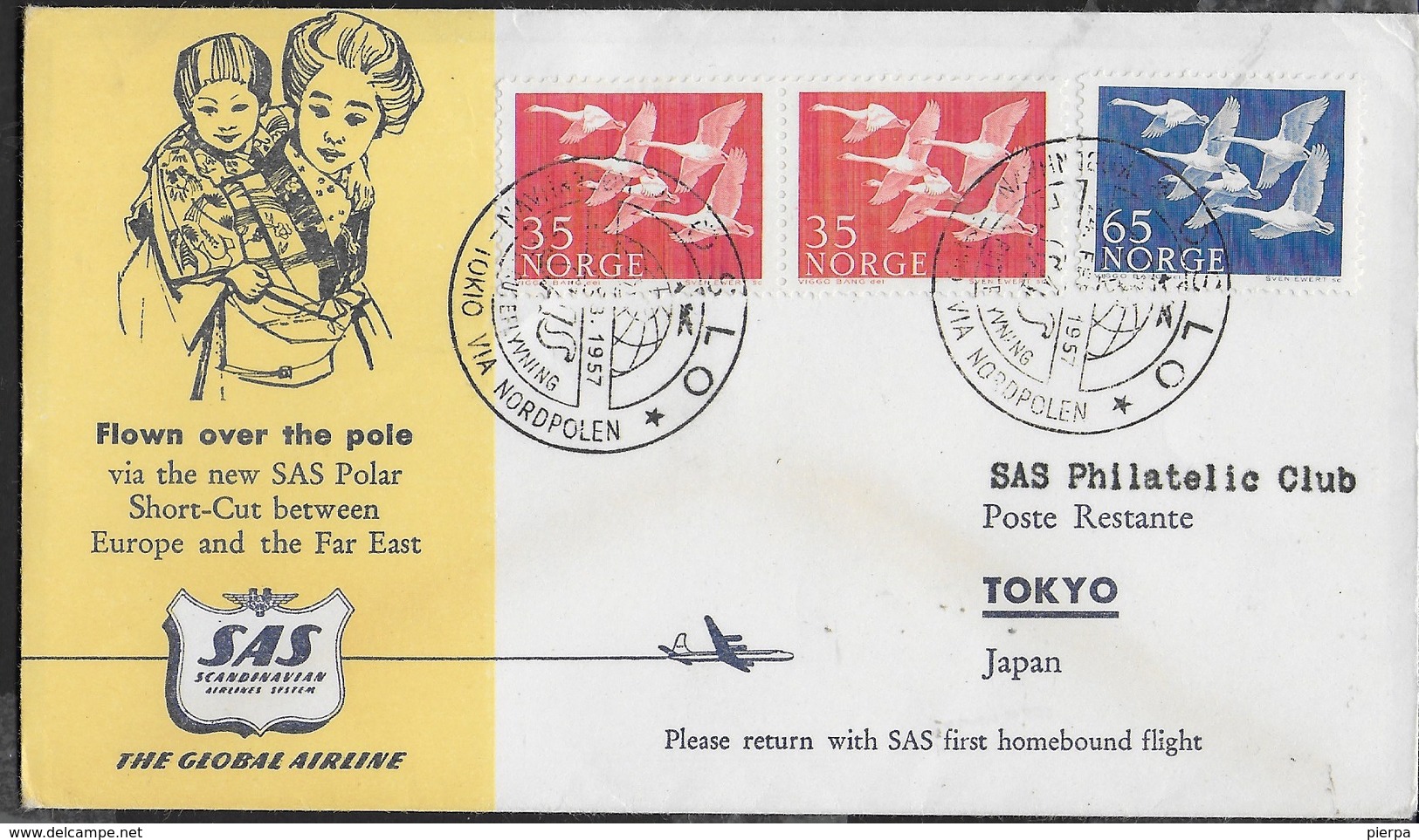 PRIMO VOLO TRANSPOLARE SAS - OSLO/TOKYO 24.02.1957 SU BUSTA UFFICIALE - Storia Postale