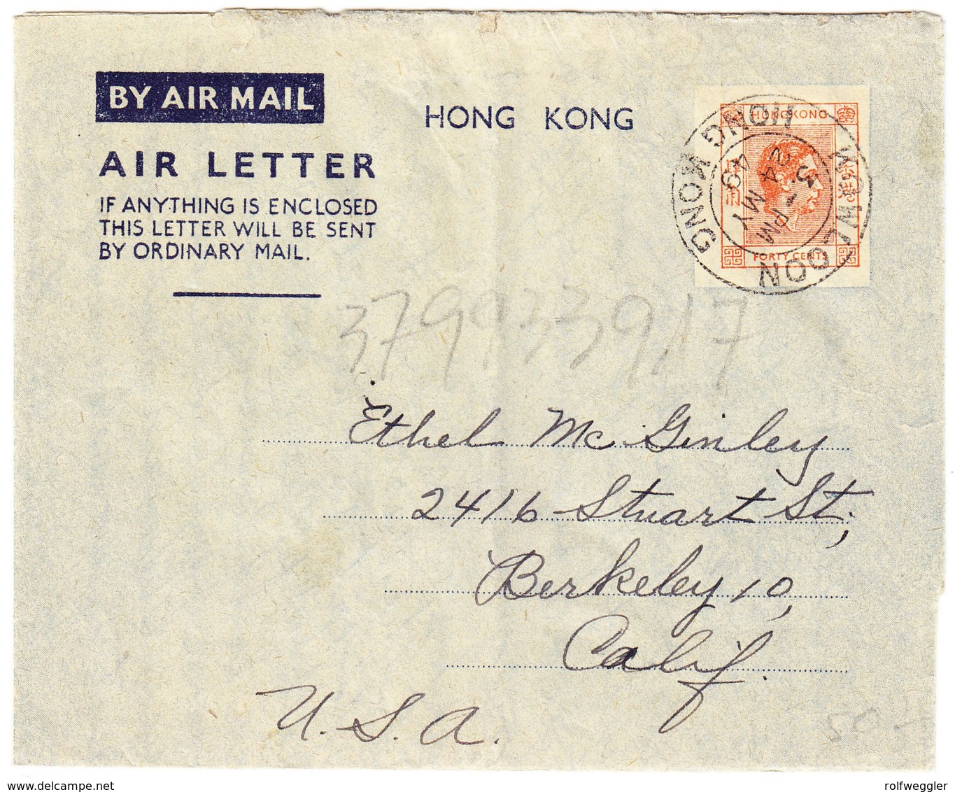 40 Cent Airogramm Von Kowloon Nach Berkeley Californien; In Der Mitte Faltspur - Lettres & Documents