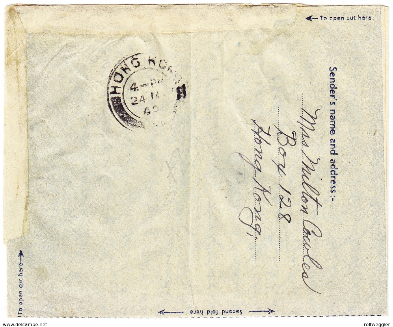 40 Cent Airogramm Von Kowloon Nach Berkeley Californien; In Der Mitte Faltspur - Briefe U. Dokumente