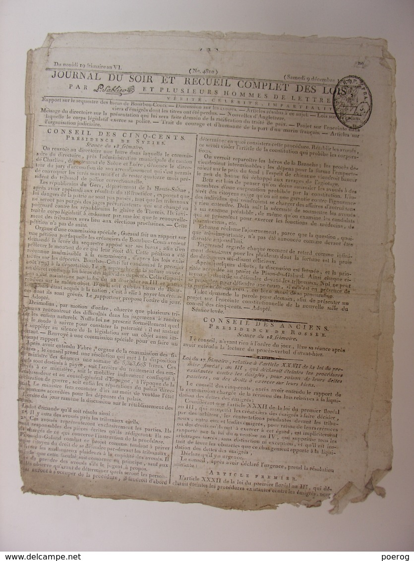 JOURNAL DU SOIR Du 9 DECEMBRE 1797 - CORSAIRES MARINE - BOURBON CONTI - EMIGRES - TRAITE DE PAIX - Gesetze & Erlasse