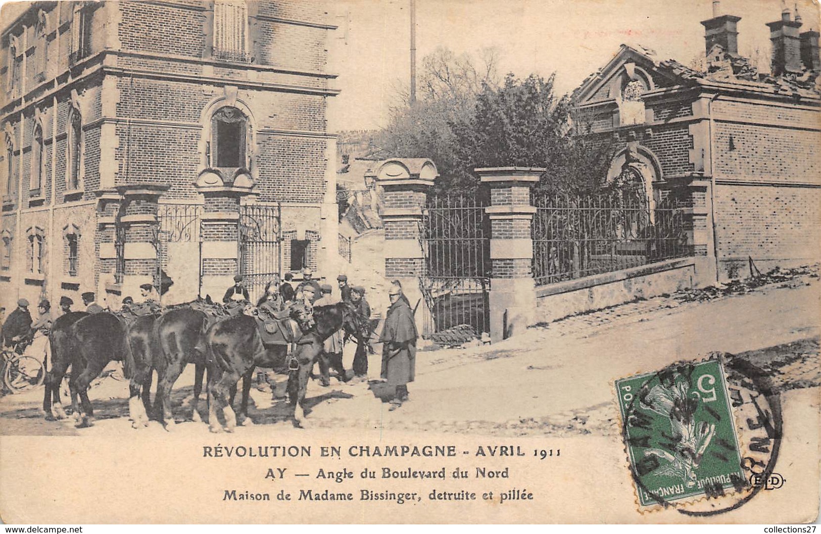 51-AY-EN-CHAMPAGNE- AVRIL 1911, ANGLE DU BLD DU NORD MAISON DE MADAME BISSINGER DETRUITE ET PILLEE - Ay En Champagne