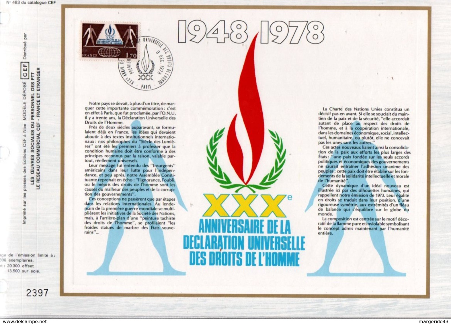 1978 DOCUMENT FDC 30 ANS DECLARATION UNVERSELLE DES DROITS DE L'HOMME - Documenten Van De Post