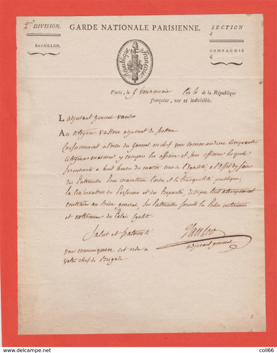 1795 Révolution  L.A.S. Adjudant Général Vanloo Garde Nationale Parisienne Paris Jolie Vignette An 4 - Documenti Storici