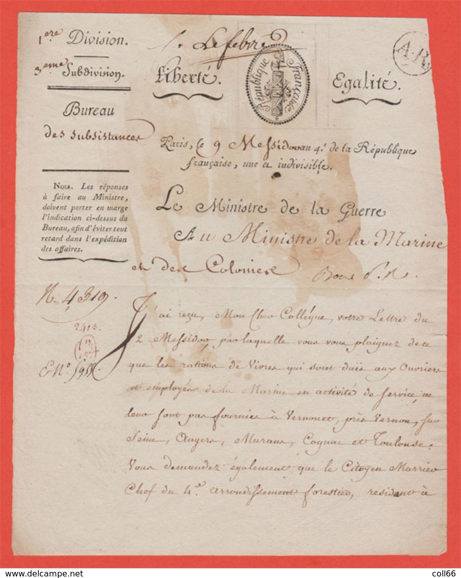 1796 Révolution  L.A.S. Claude Louis Petiet Ministre De La Guerre à Paris Jolie Vignette An 4 - Documents Historiques