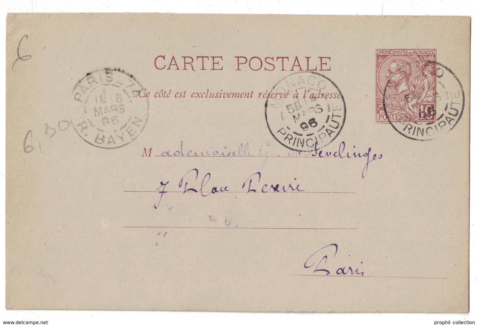 MONACO - ENTIER POSTAL CARTE POSTALE 10c BRUN Type ALBERT 1er OBLITÉRATION CAD 1896 Pour PARIS - Interi Postali
