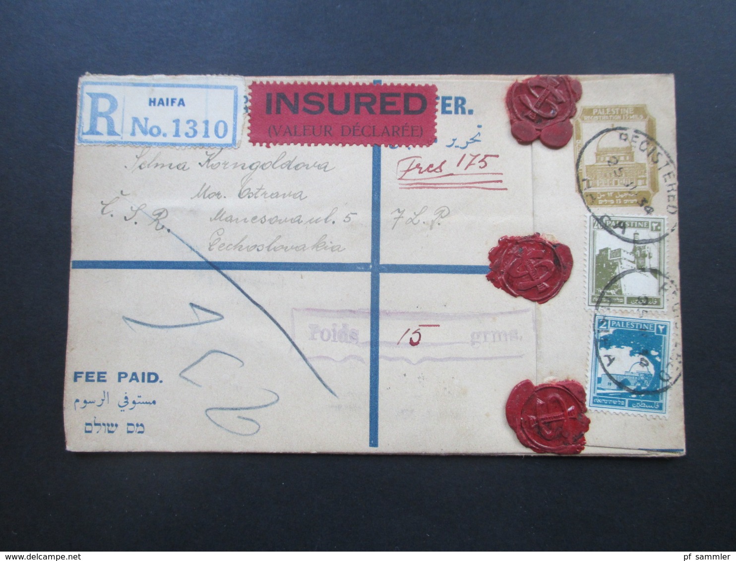 Palästina / Palestine 1934 R-Brief Insured!! Mit 3 Siegel Und Vielen Stempeln! Judaika. Haifa In Die CSR. Toller Beleg!! - Palästina