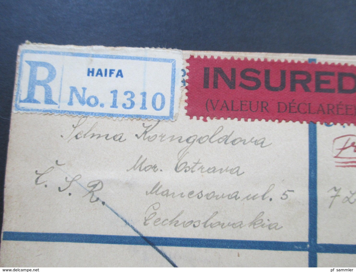 Palästina / Palestine 1934 R-Brief Insured!! Mit 3 Siegel Und Vielen Stempeln! Judaika. Haifa In Die CSR. Toller Beleg!! - Palästina