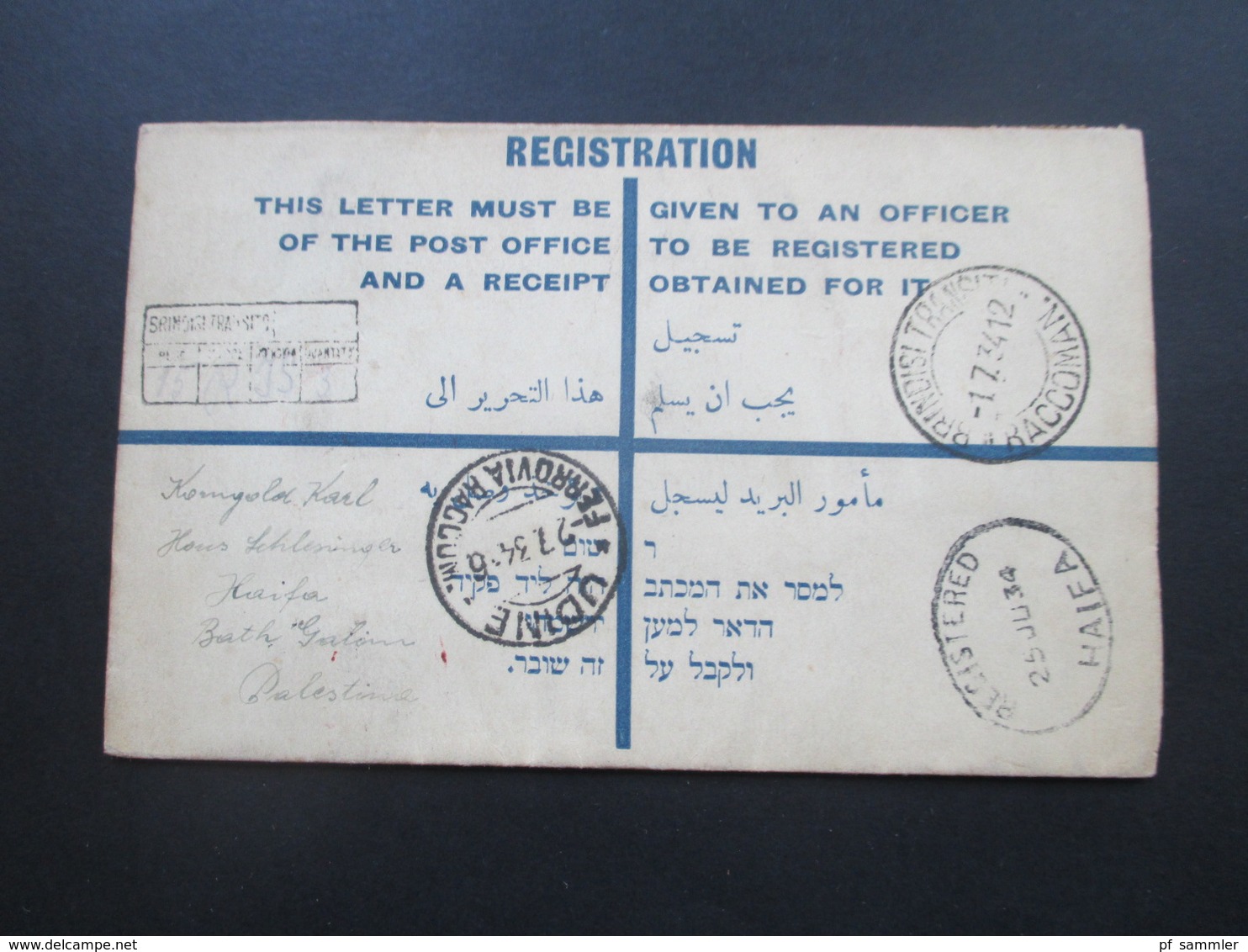 Palästina / Palestine 1934 R-Brief insured!! Mit 3 Siegel und vielen Stempeln! Judaika. Haifa in die CSR. Toller Beleg!!