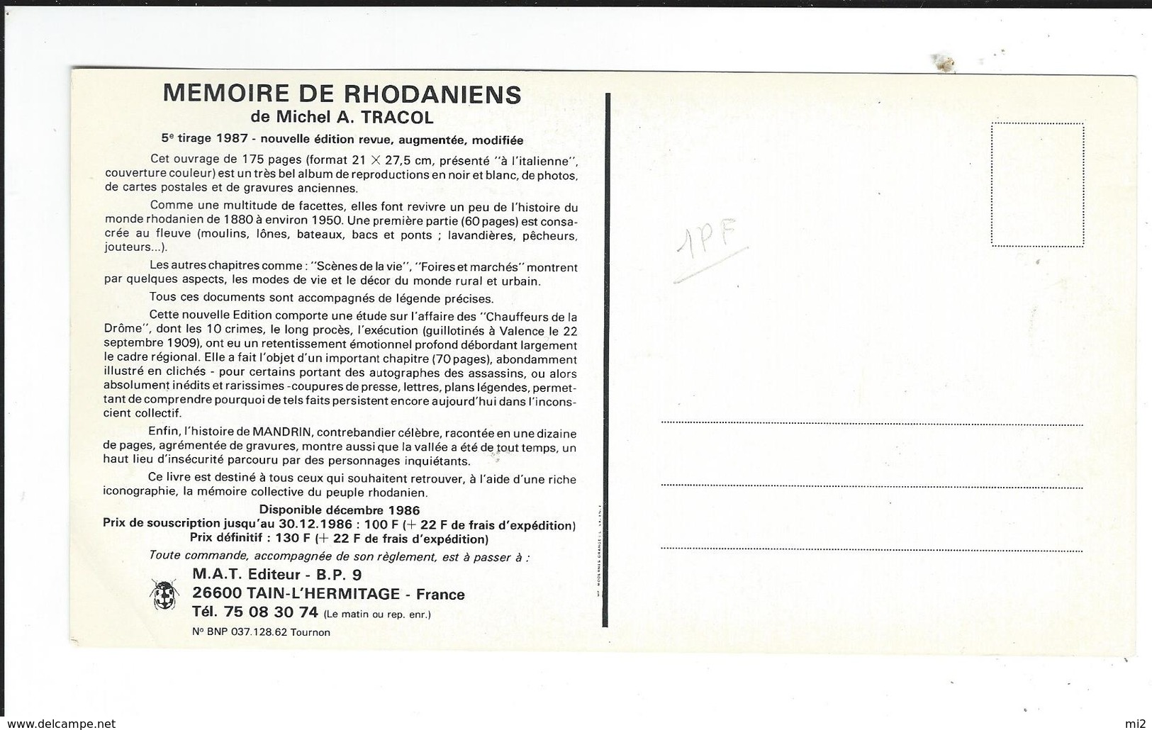 Publicité Pour Le Livre Mémoire De Rhodaniens De Michel Tracol 26 Tain L'hermitage Proces Des Chauffeurs De La Drome - Publicité