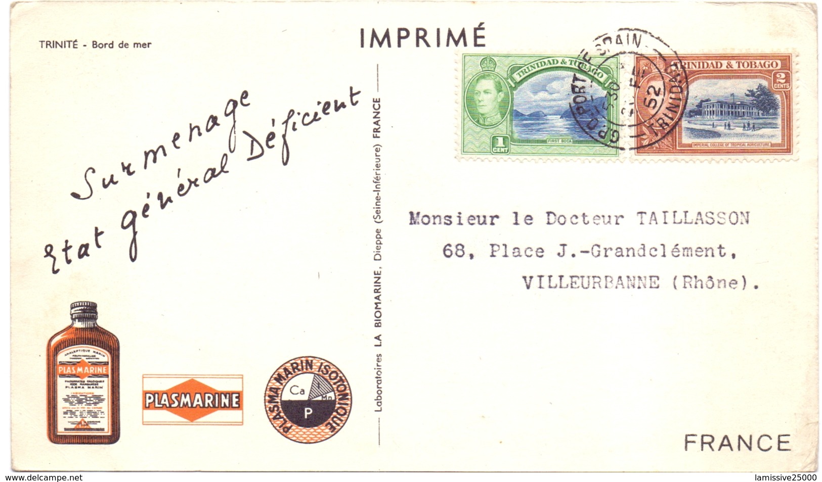 Carte Pub Ionyl Biomarine Port Of Spain Trinite Bord De Mer - Trinité & Tobago (...-1961)