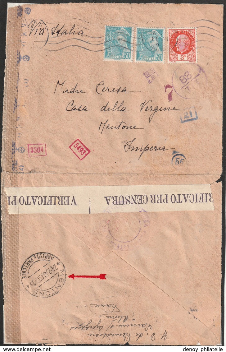 France Lettre Censurée ,arrivée A Menton (italie ) 24 02 1943 Rare - Guerra De 1939-45