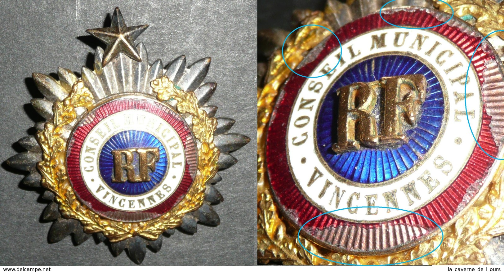 Rare Broche Insigne En Métal Argenté émaillé, République Française  RF Conseil Municipal VINCENNES, 1 étoile, Couronne - Brooches