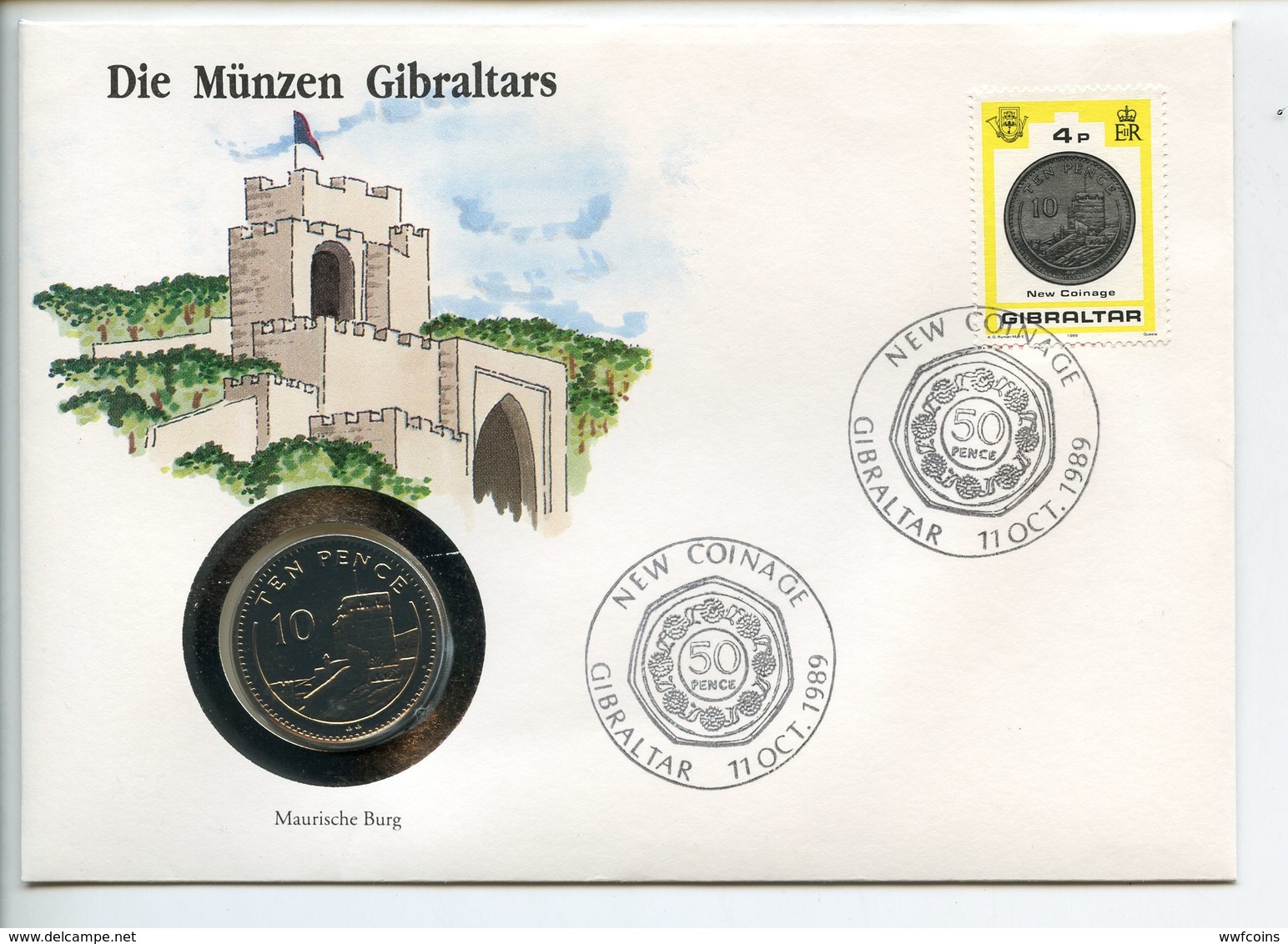 POSTCARD STAMP BUSTA FRANCOBOLLO GIBRALTAR 10 PENCE 1990 MAURISCHE BURG NEW COINAGE FIRST DAY OF ISSUE FDC UNC (1) - Gibilterra