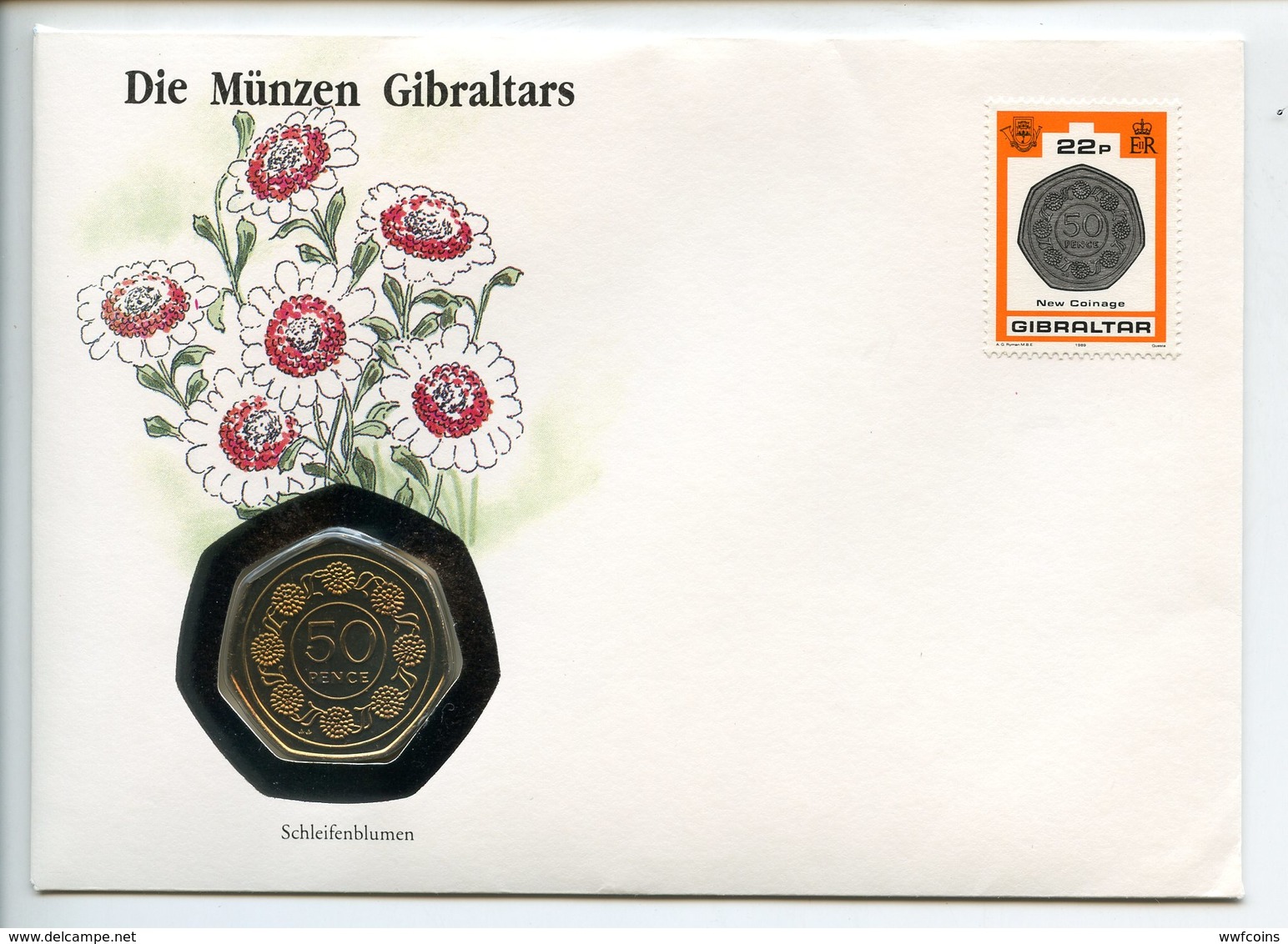 POSTCARD STAMP BUSTA FRANCOBOLLO GIBRALTAR 50 PENCE 1989 LOOP FLOWERS FAUNA NEW COINAGE FIRST DAY OF ISSUE FDC UNC (1) - Gibraltar