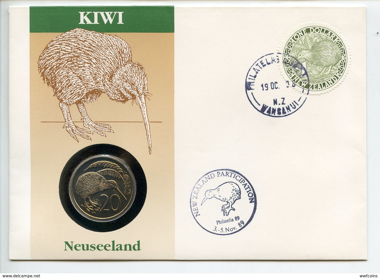 POSTCARD STAMP BUSTA FRANCOBOLLO NEW ZEALAND 20 C 1988 CIRCULAR KIWI STAMP ENDANGERED WILDLIFE FIRST DAY OF ISSUE FDC UN - Nuova Zelanda