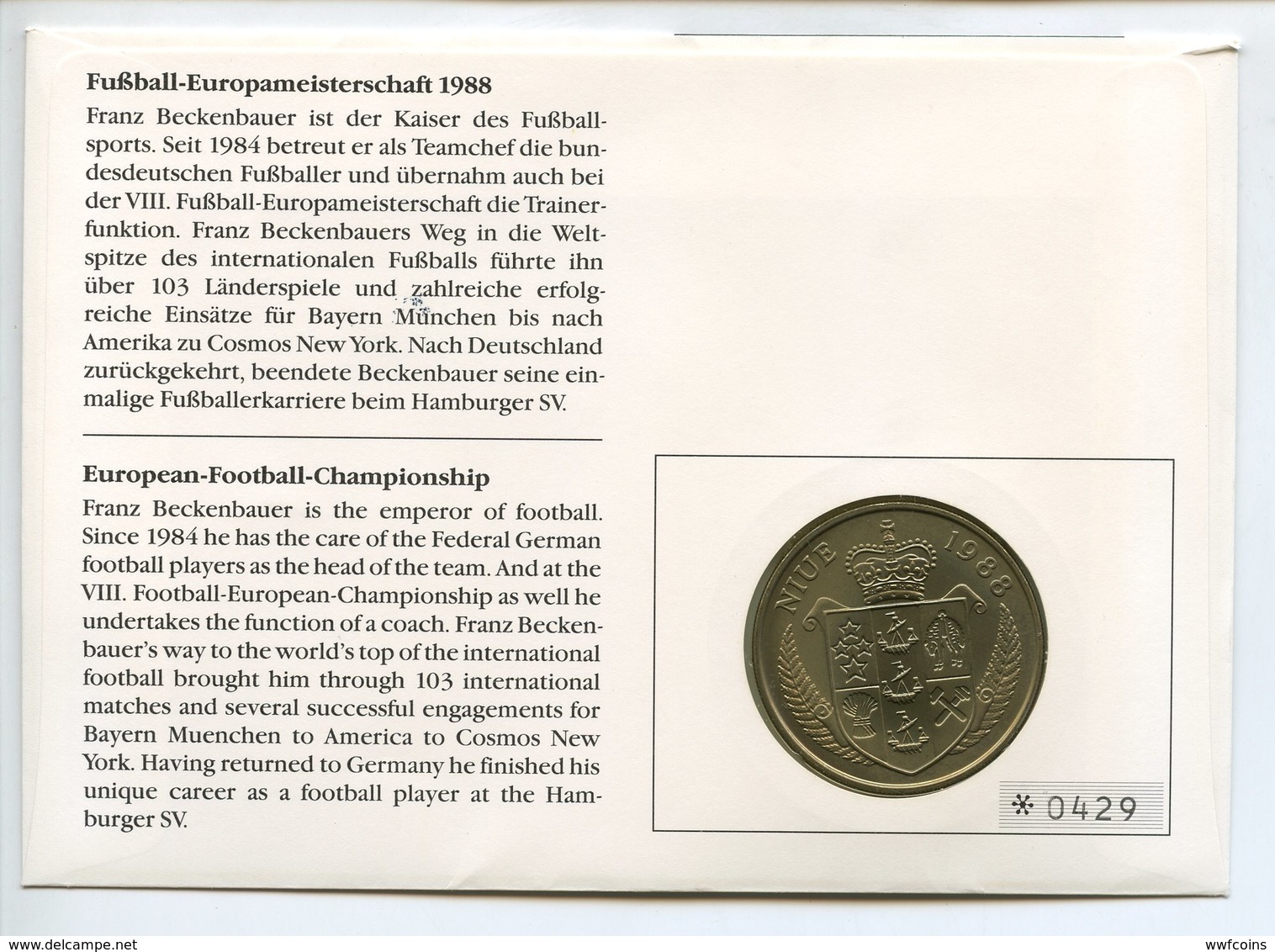 POSTCARD STAMP BUSTA FRANCOBOLLO NIUE 5 $ 1988 FOOTBALL CHAMPIONSHIP BECKENBAUER FRANZ FIRST DAY OF ISSUE FDC UNC (1) - Niue