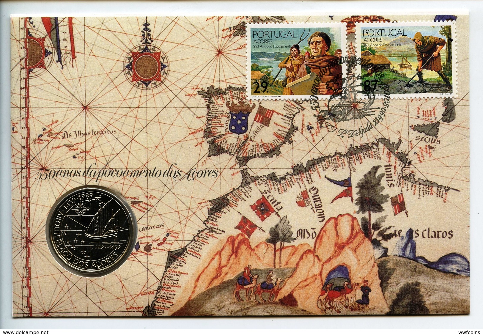 POSTCARD STAMP BUSTA FRANCOBOLLO PORTUGAL 100 S 1989 AZZORRE'S DISCOVERY SHIP NAVI VELIERI ACORES FIRST DAY OF ISSUE FDC - Portogallo