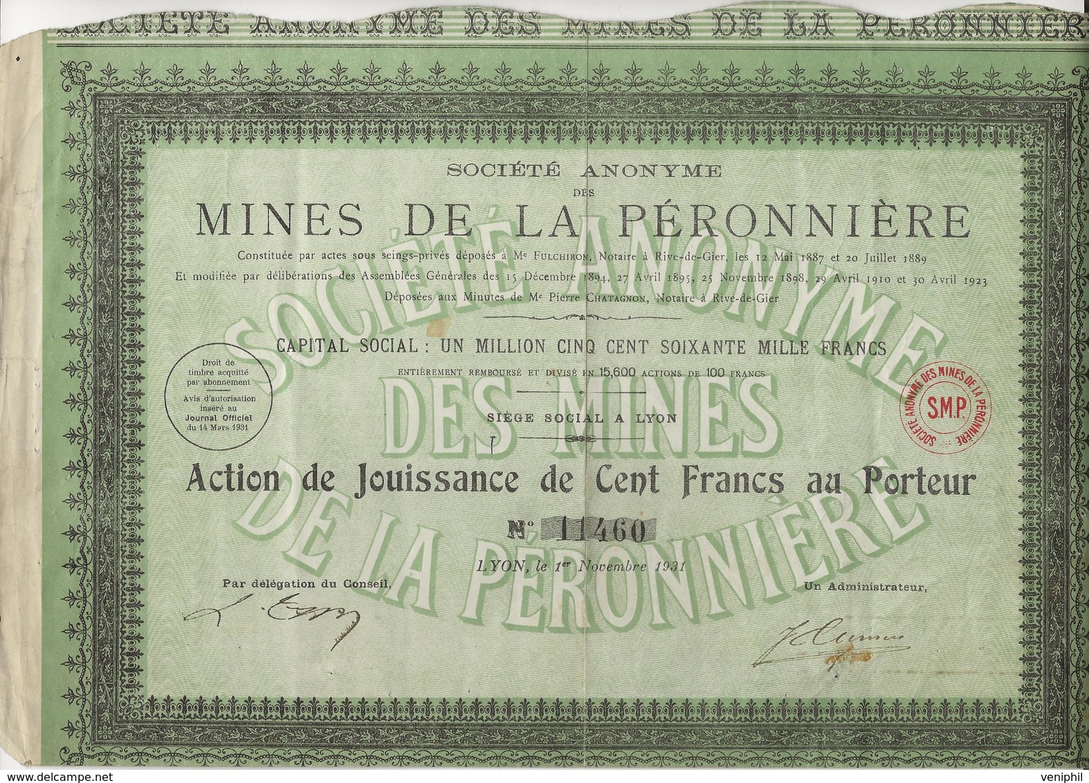 MINES DE LA PERONNIERE - LOIRE - ACTION JOUISSANCE DE 100 FRS - 1931 - Mines