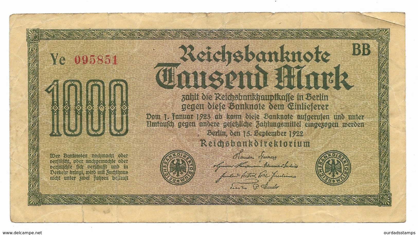 Germany, Reichsbanknote, 1000 Marks X 5 From 1922 - 1.000 Mark