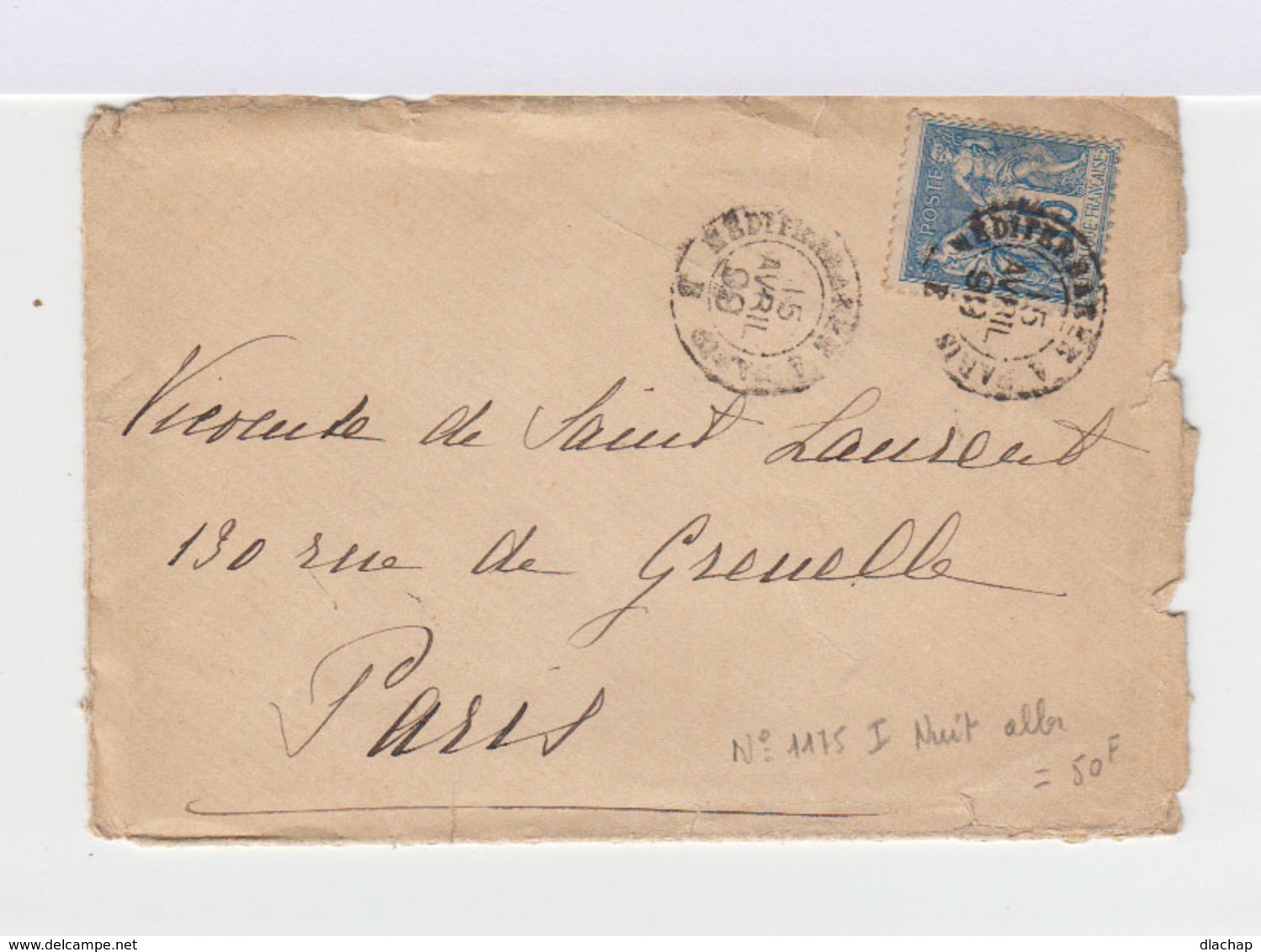 Sur Enveloppe Type Sage 15 C. Bleu. CAD Ambulant Méditerranée à Paris Avril 1899. (619) - 1877-1920: Période Semi Moderne