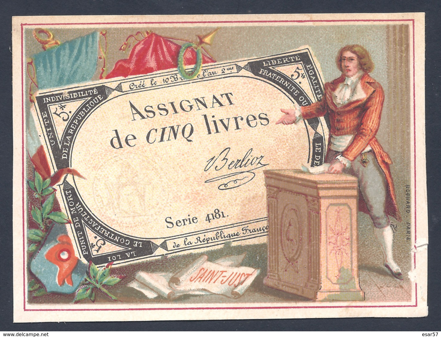 ASSIGNAT De CINQ LIVRES Chromo Bognard Paris. SAINT JUST - Monnaies (représentations)