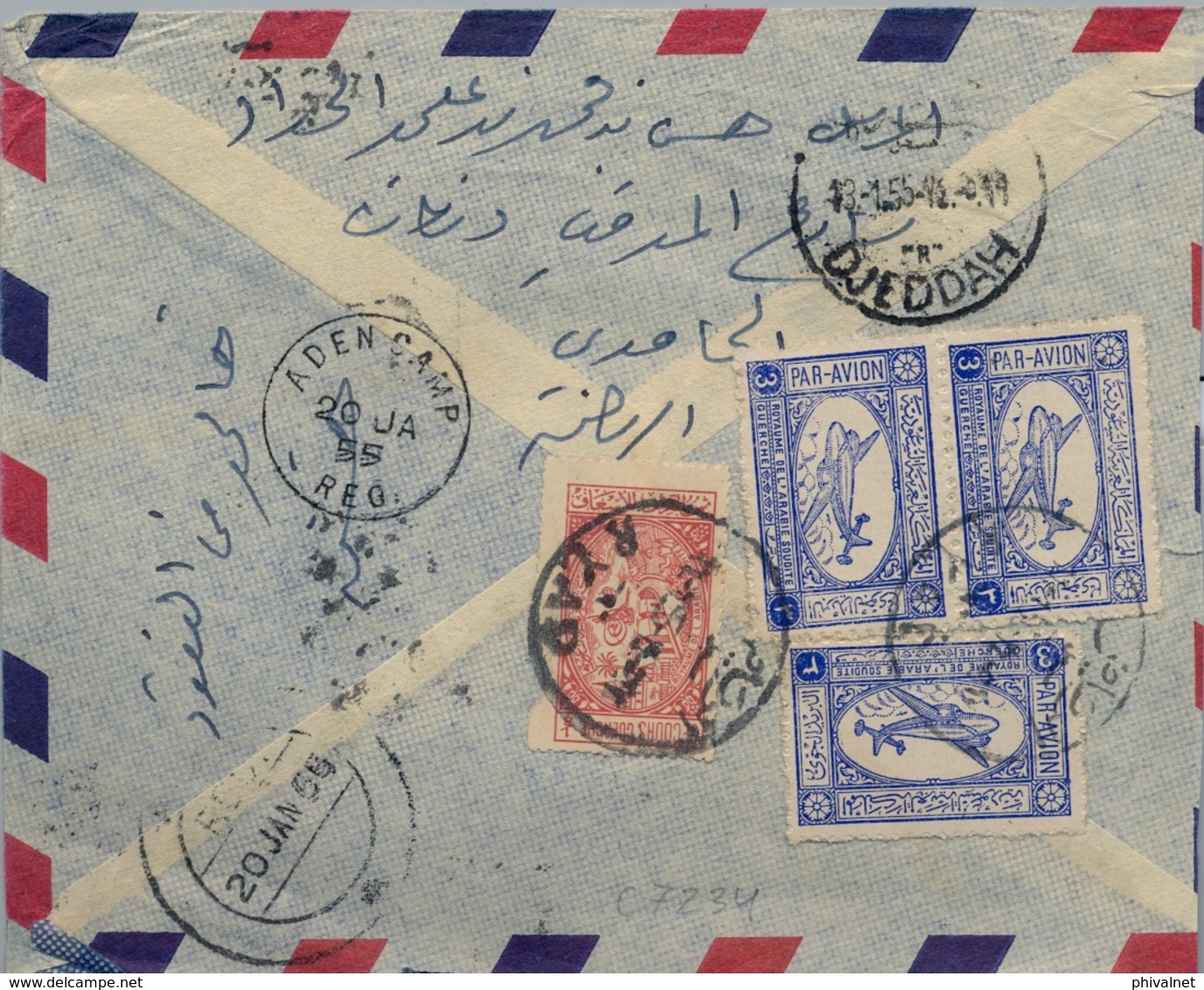 1955 , ARABIA SAUDITA , CERTIFICADO RYAD - ADEN CAMP , TRÁNSITO DE DJEDDAH Y LLEGADA. - Arabia Saudita