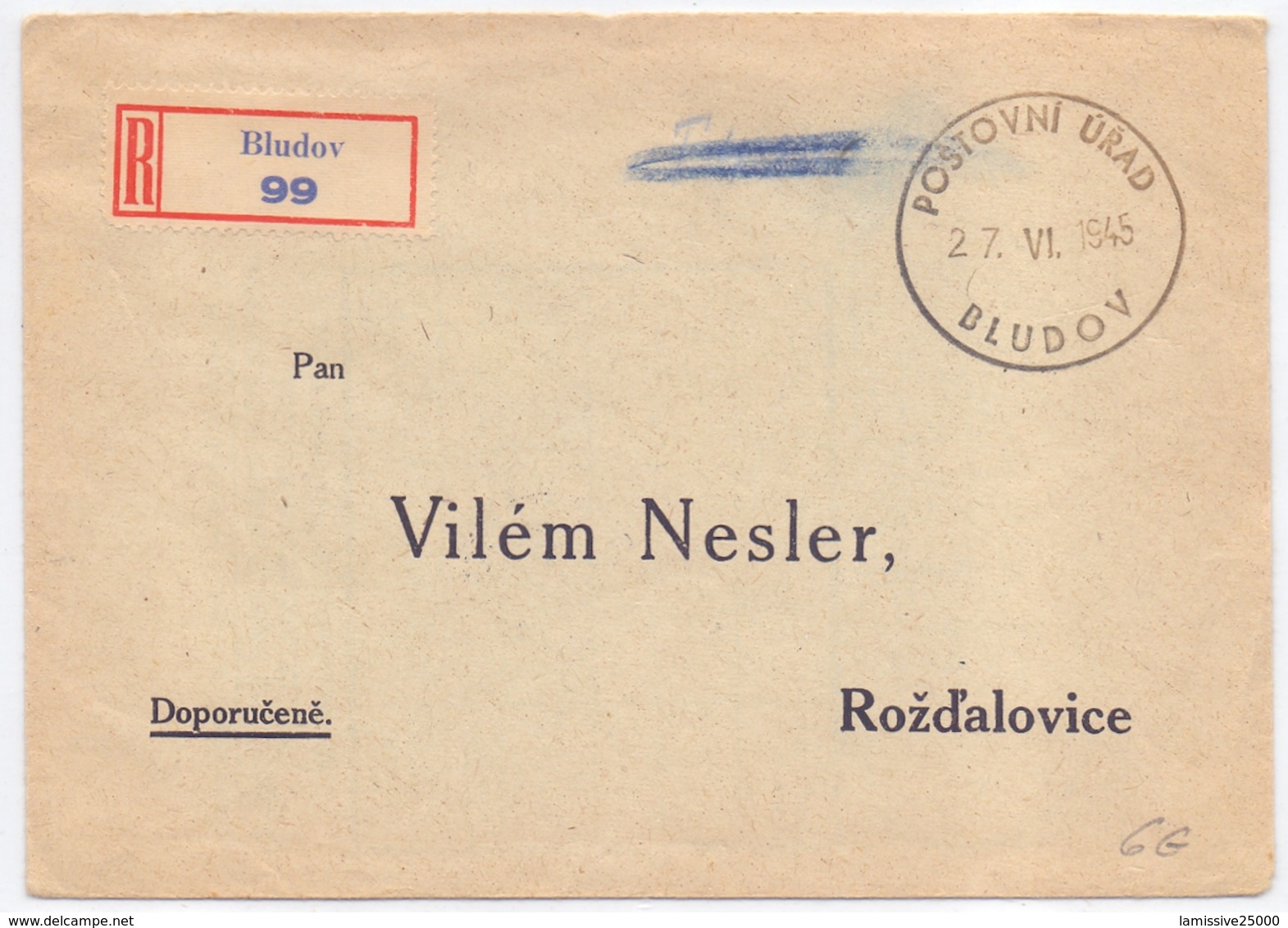 Tchecoslovaquie Lettre Recommandée Provisoire Postovni Urad Bludov - Brieven En Documenten