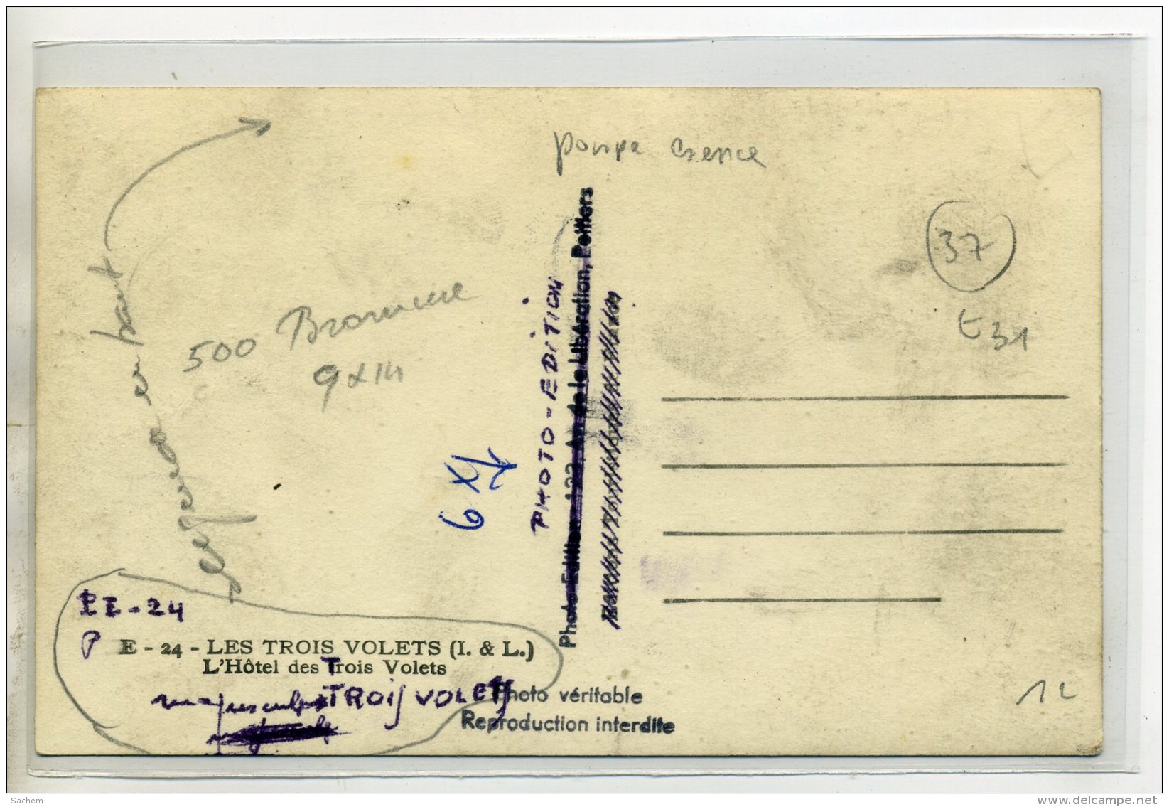 37-24 LES TROIS VOLETS Lle CAFE HOtel Restaurant Belle Automobile Pompes à Essence 1950    /D07-2016 - Sonstige & Ohne Zuordnung