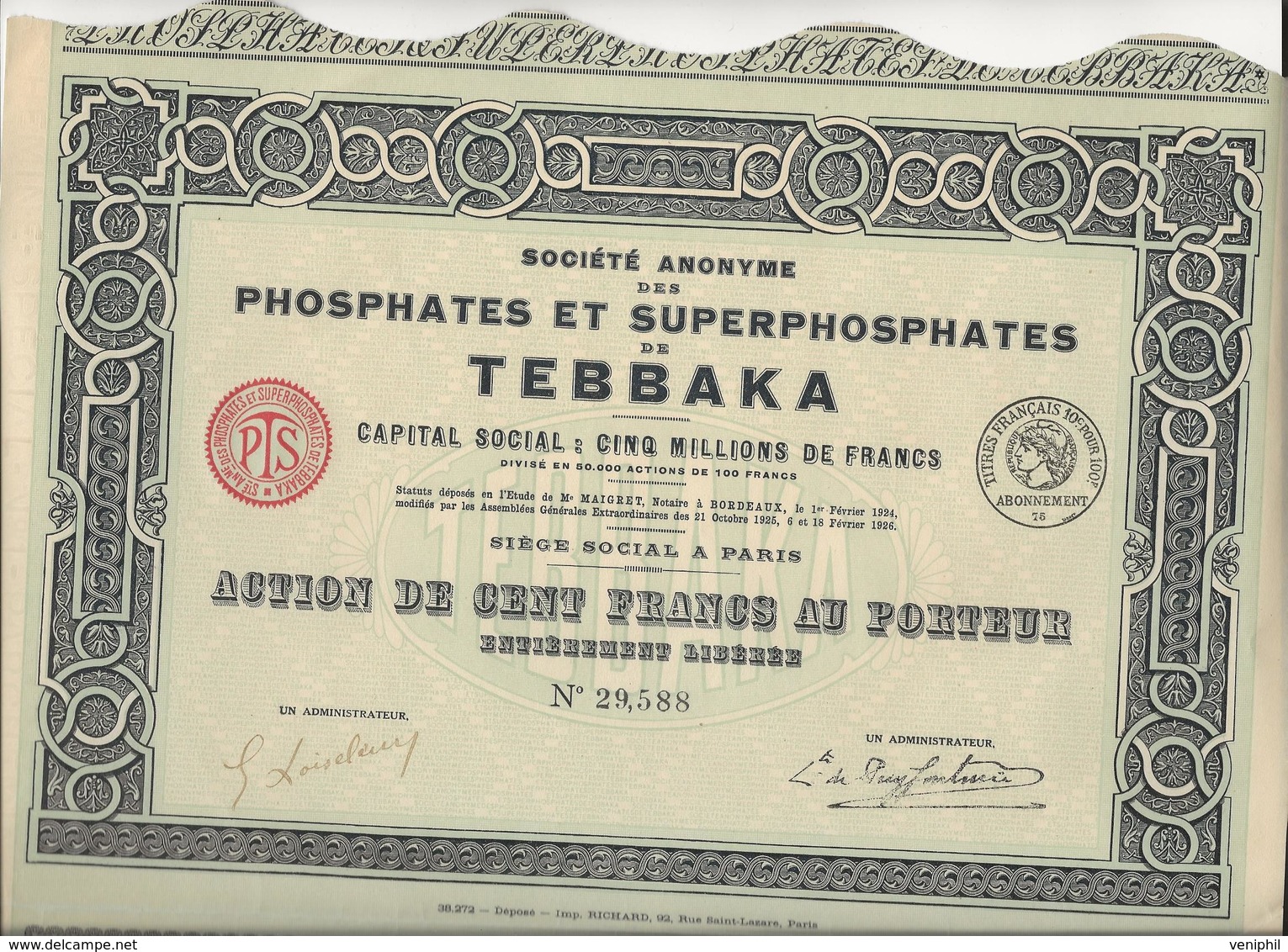 PHOSPHATES ET SUPERPHOSPHATES DE TEBBAKA  - 1924 - ACTION DE 100 FRS - Industrial