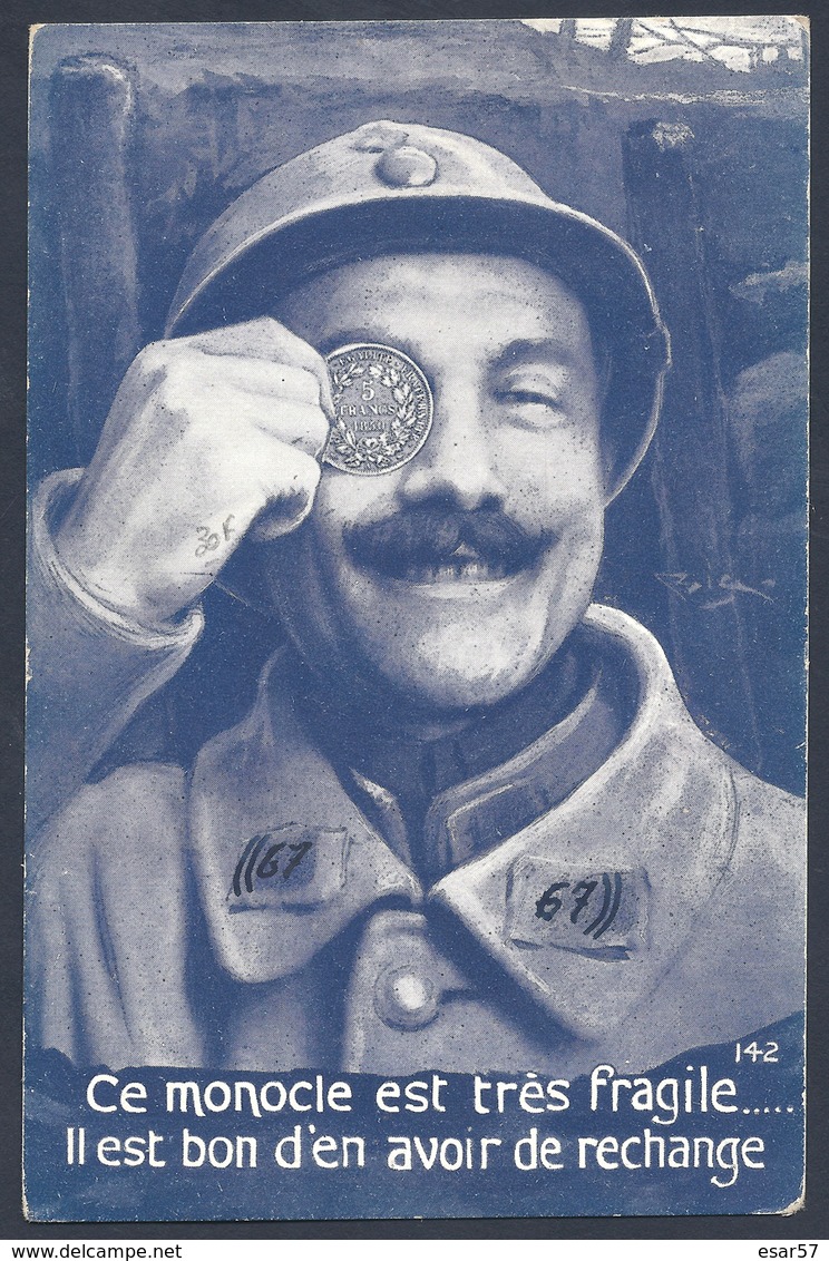 CPA DATEE DU 18 MAI 1918 CE MONOCLE TRES FRAGILE....PIECE DE 5 FRANCS - Monnaies (représentations)