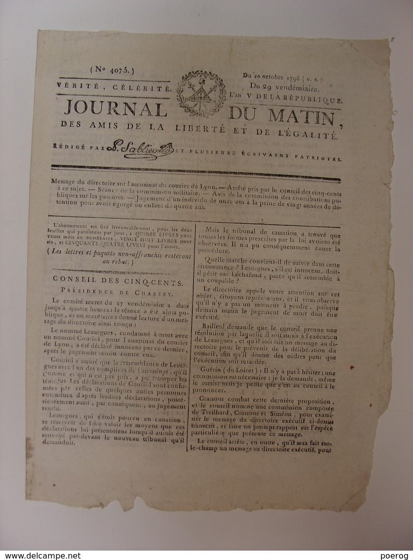 JOURNAL DU SOIR 20 OCTOBRE 1796 - AFFAIRE DU COURRIER DE LYON - INFANTICIDE ENFANT CRIMINEL ROUEN - COURS LOGIQUE LOUVRE - Zeitungen - Vor 1800