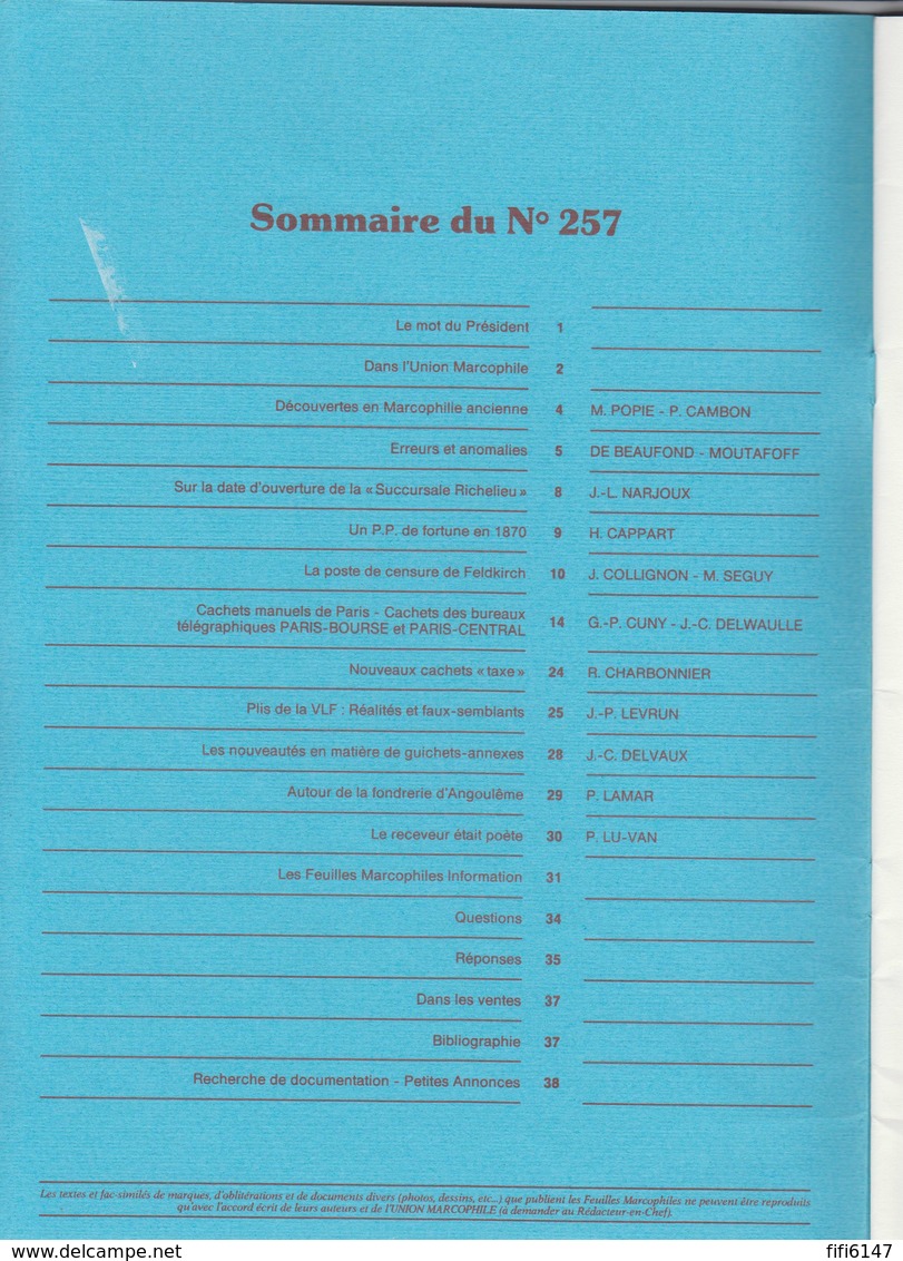 FRANCE-- "LES FEUILLES MARCOPHILES"  N°257 --2° TRIMESTRE1989-- - Français (àpd. 1941)