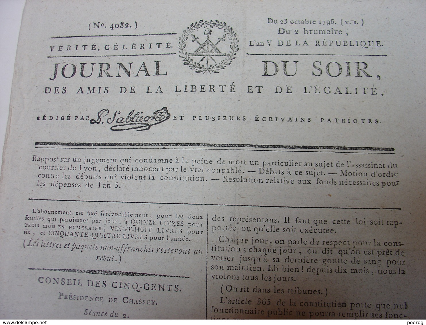 JOURNAL DU SOIR 23 OCTOBRE 1796 - AFFAIRE DU COURRIER DE LYON - DEPUTES QUI VIOLENT LA CONSTITUTION - DEPENSES AN V - Zeitungen - Vor 1800