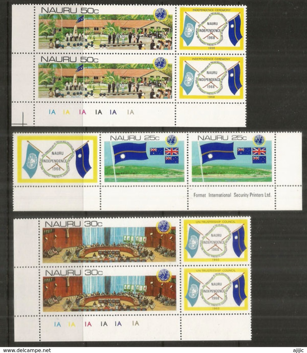 Levée Du Drapeau Des Nations-Unis Par Le President De L'île En 1968.  6 Timbres Neufs ** En Paires Avec Vignettes - Nauru