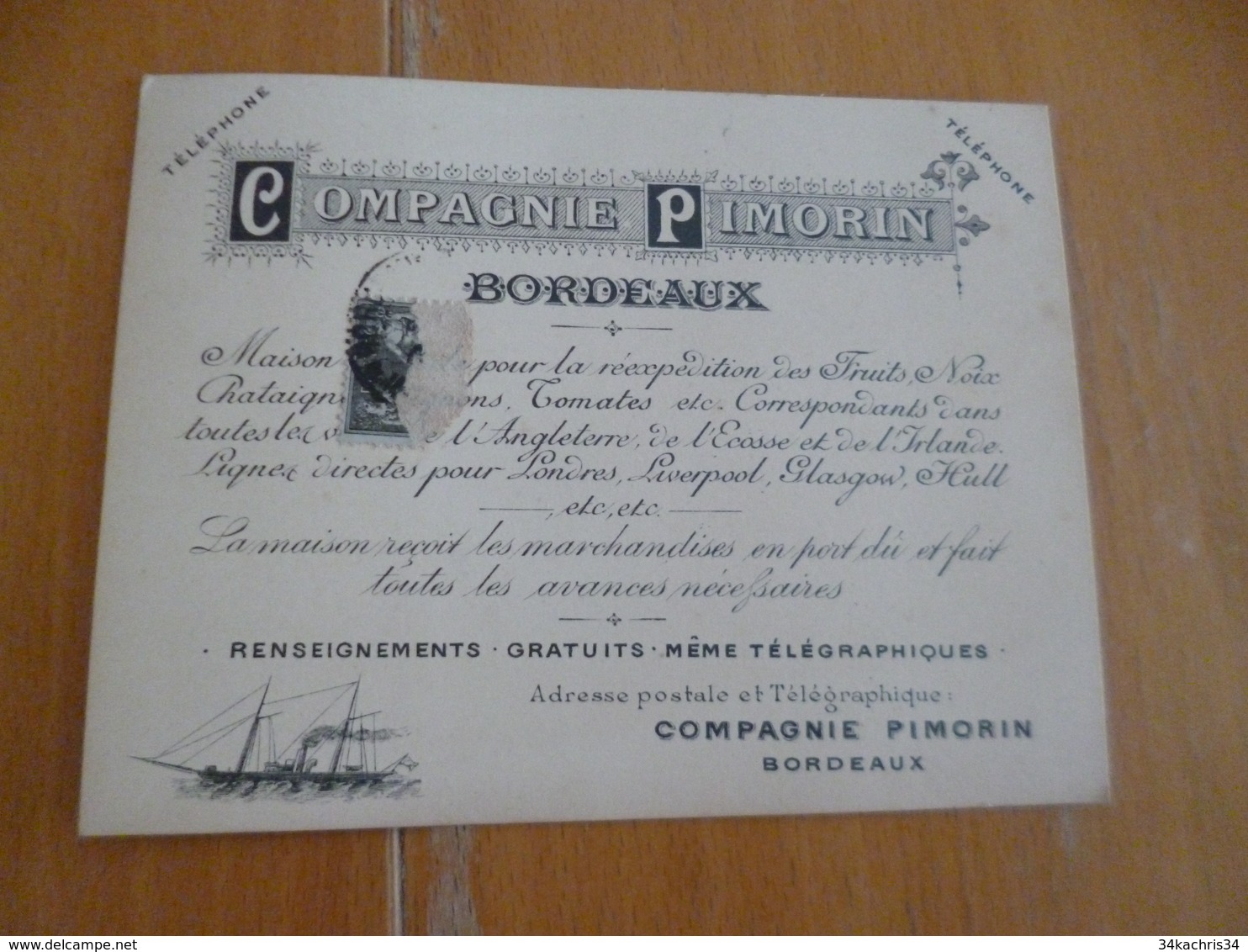 Carte Pub Illustrée Compagnie Navigation Pimorin Bordeaux Départs Horaires Au Dos - Transports