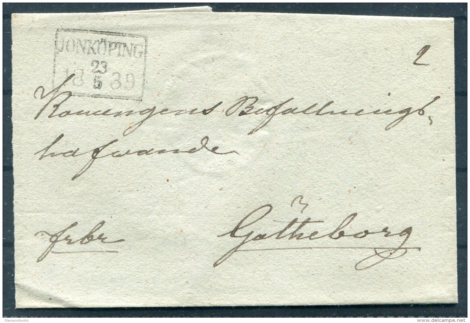 1839 Sweden Official Wrapper Jonkoping - Goteborg - Prefilatelia