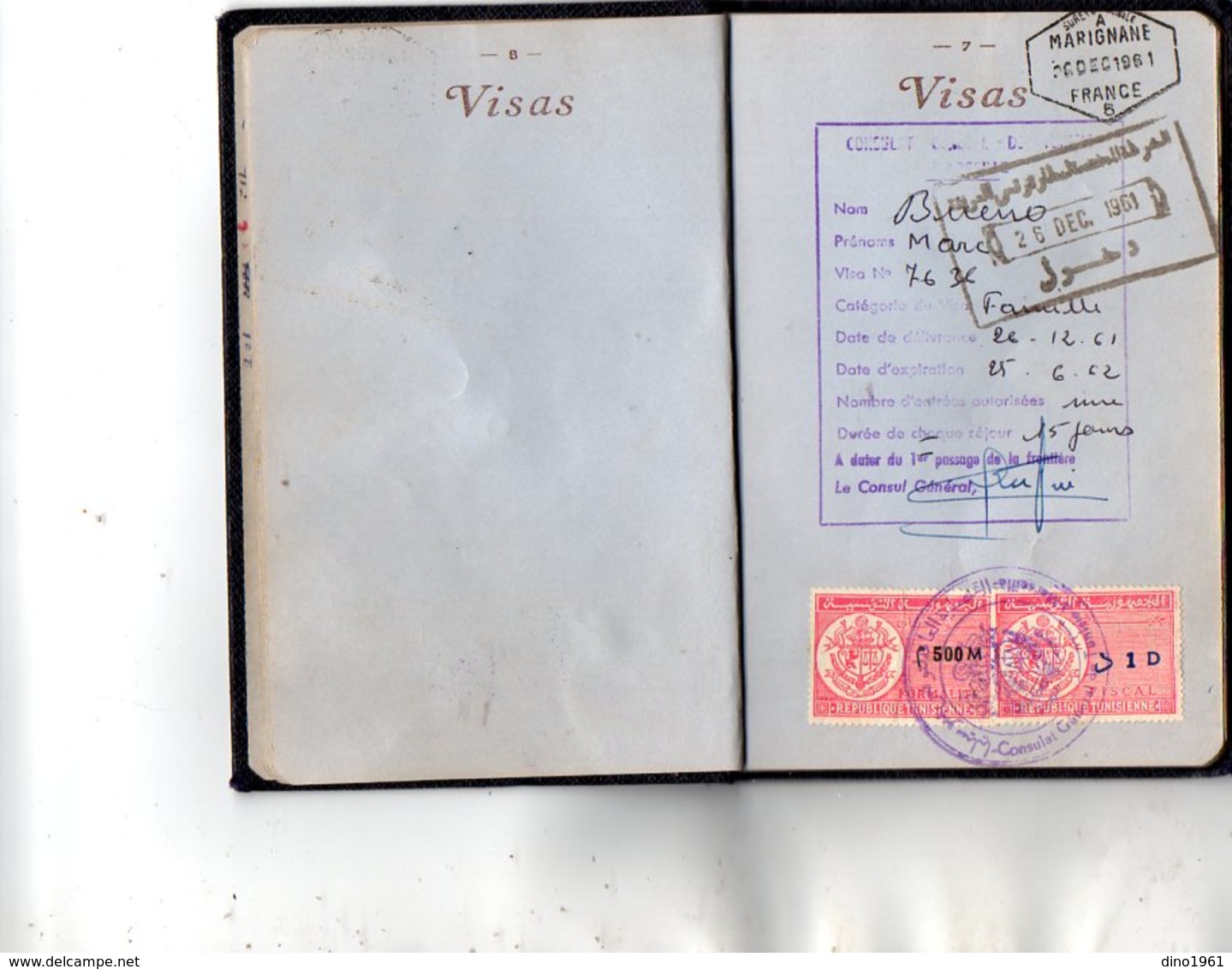 VP12.819 - MARSEILLE 1961 - Passeport - Mr M. BUENO Né à TUNIS En 1944 - Police & Gendarmerie
