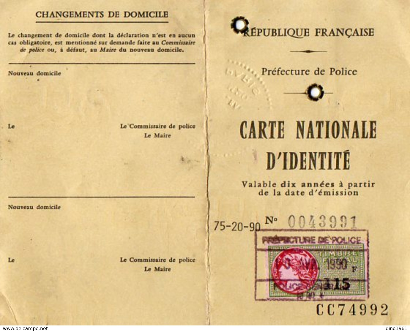 VP12.820 - MILITARIA - PARIS 1990 - Carte D'Identité - Mme TEMINE épouse BUENO Née à ALGER En 1917 - Policia