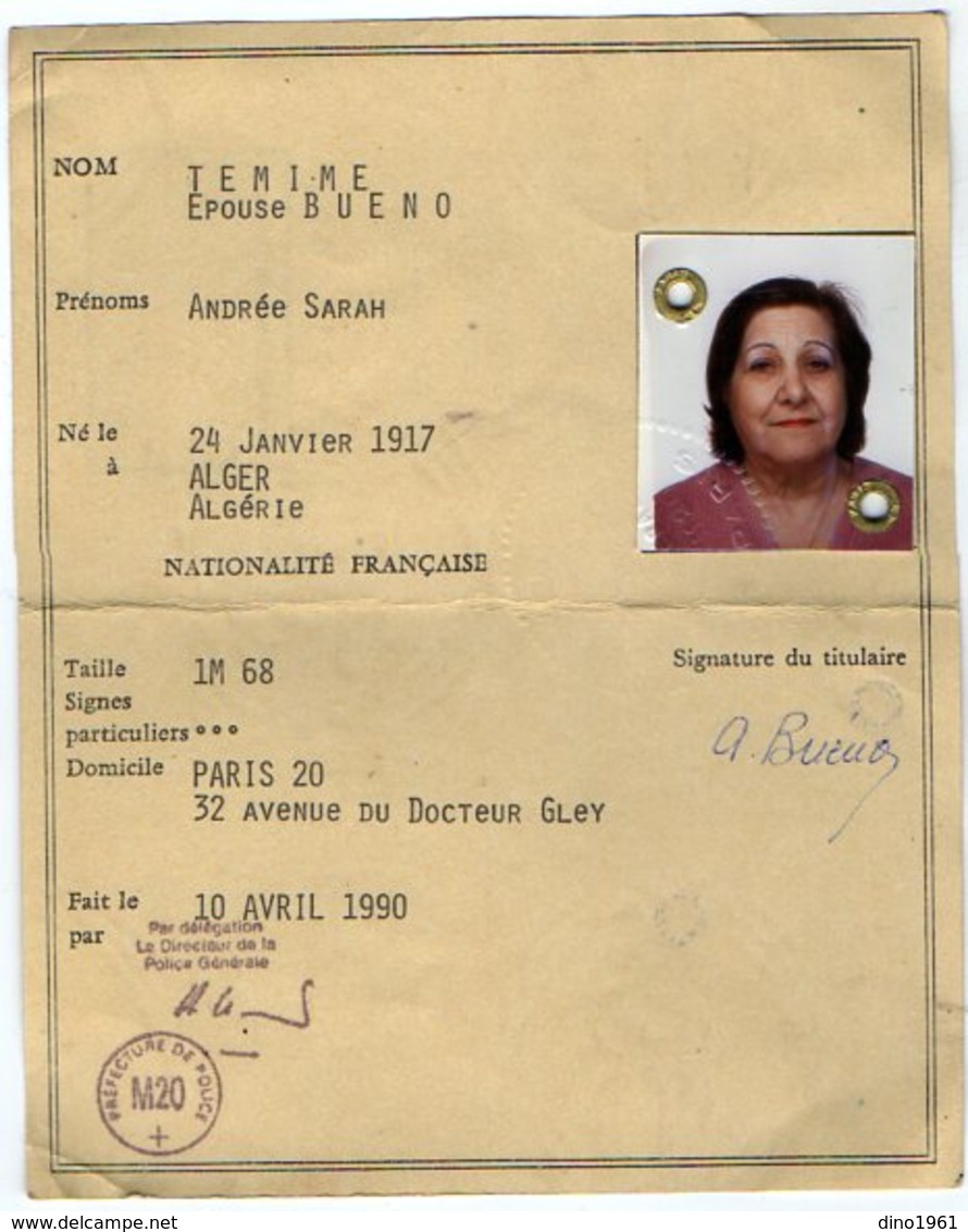 VP12.820 - MILITARIA - PARIS 1990 - Carte D'Identité - Mme TEMINE épouse BUENO Née à ALGER En 1917 - Polizei