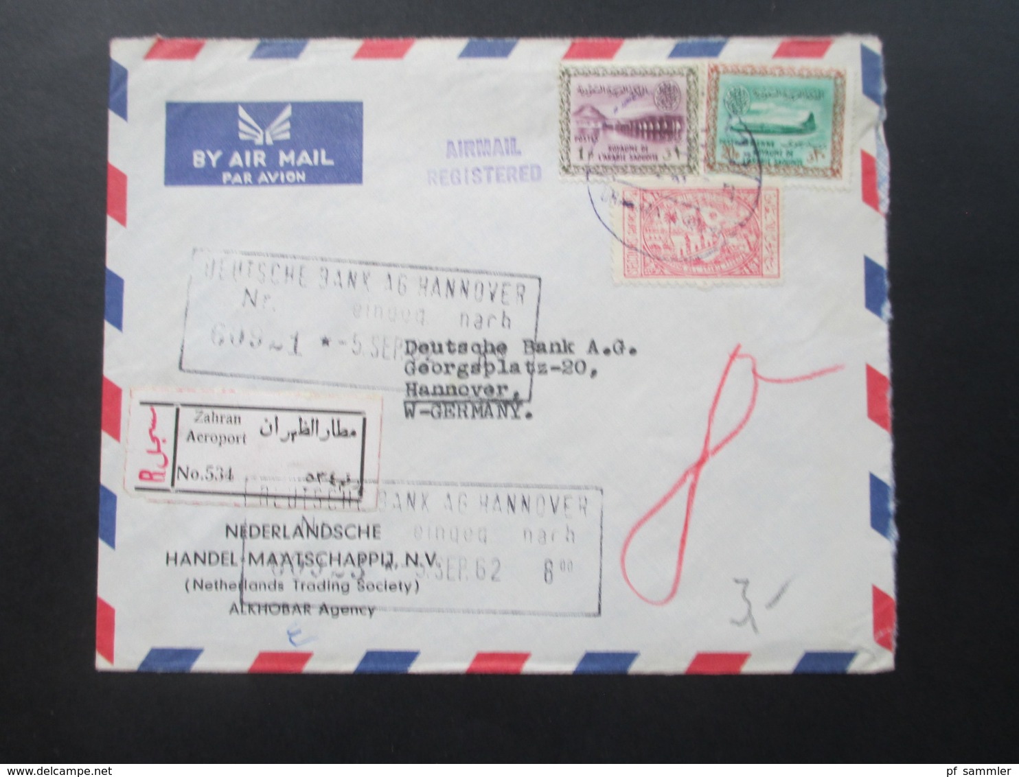 Saudi Arabien 1962 Luftpost Der Nederlandsche Handel - MaatschappiJ R-Zettel Zahran Aeroport No 534 Airmal Registered! - Saudi Arabia