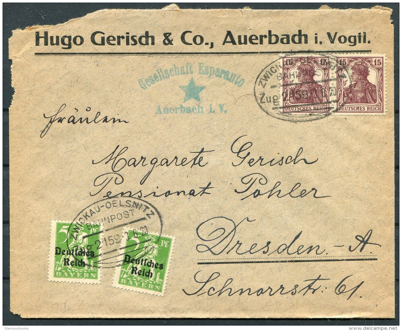 1920 Germany Esperanto Auerbach Advertising Cover. Zwickau - Oelsnitz Bahnpost, Railway TPO - Briefe U. Dokumente