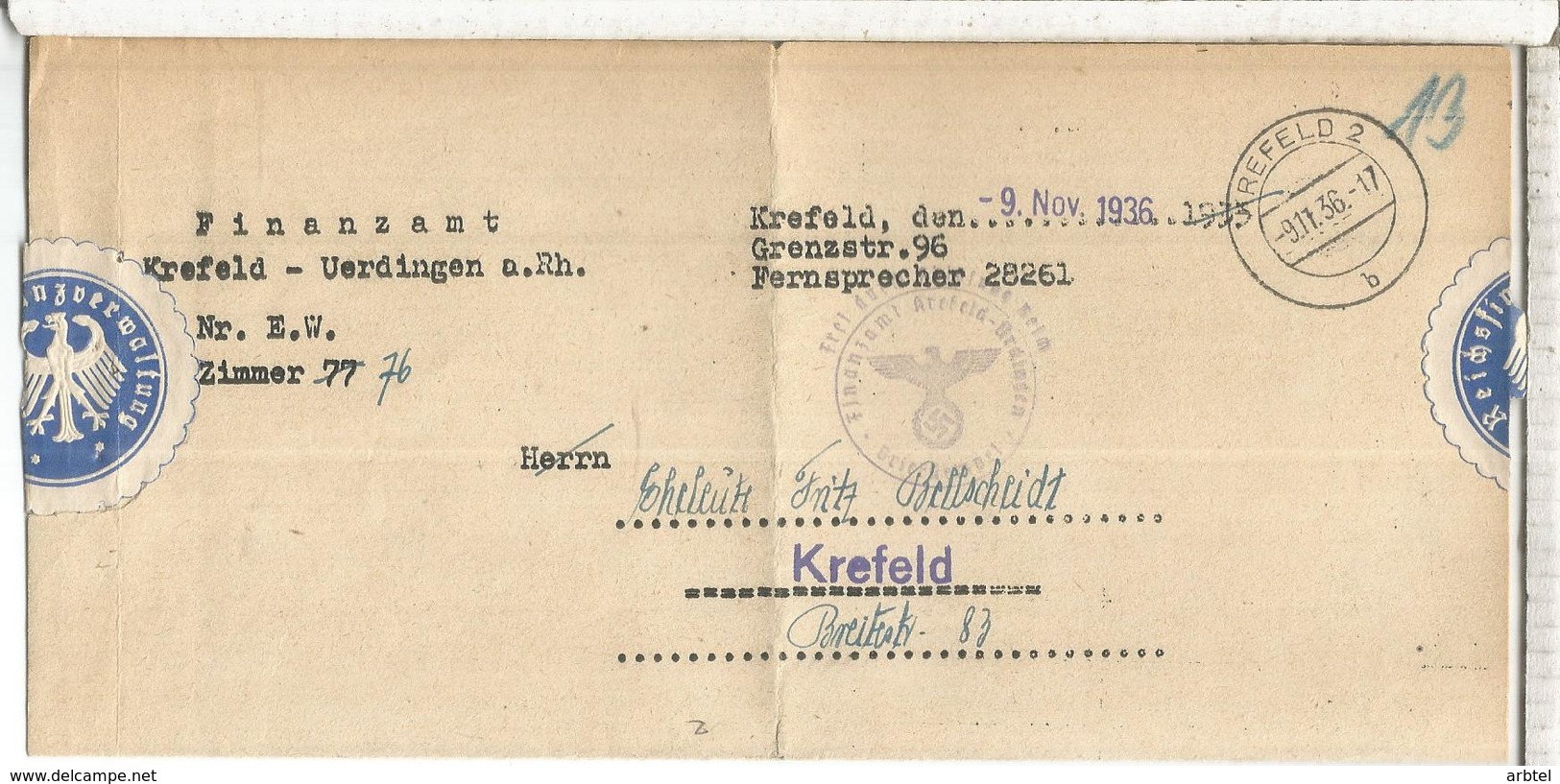 ALEMANIA REICH CORREO OFICIAL KREFELD 1936 FINANZAMT - Cartas & Documentos