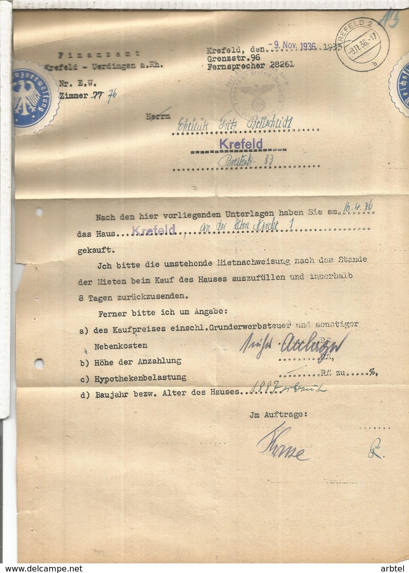 ALEMANIA REICH CORREO OFICIAL KREFELD 1936 FINANZAMT - Cartas & Documentos