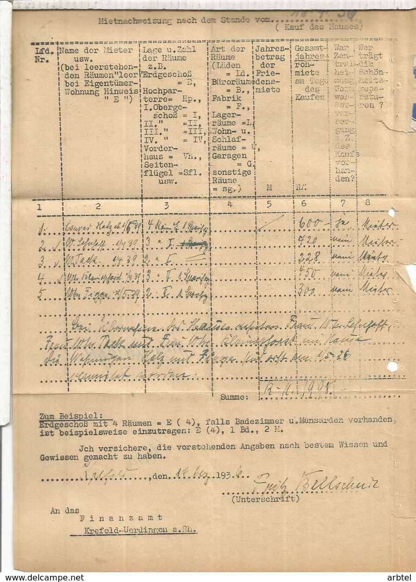 ALEMANIA REICH CORREO OFICIAL KREFELD 1936 FINANZAMT - Cartas & Documentos