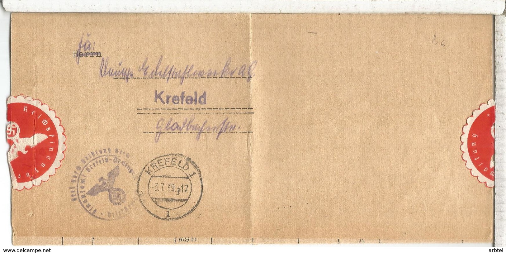 ALEMANIA REICH CORREO OFICIAL KREFELD 1939 FINANZAMT - Cartas & Documentos
