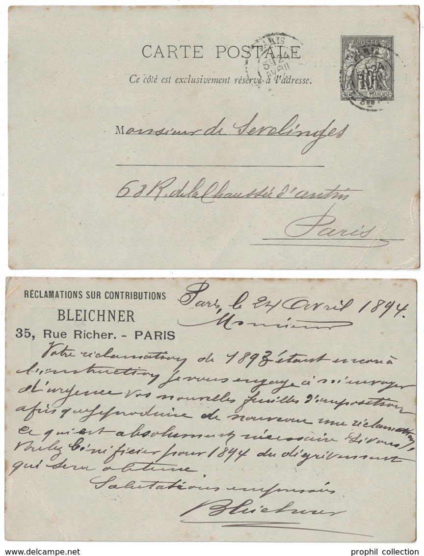 ENTIER Avec REPIQUAGE " BLEICHNER PARIS / RECLAMATIONS CONTRIBUTIONS " Sur CARTE POSTALE SAGE 10c CAD PARIS 1894 - Cartes Postales Repiquages (avant 1995)