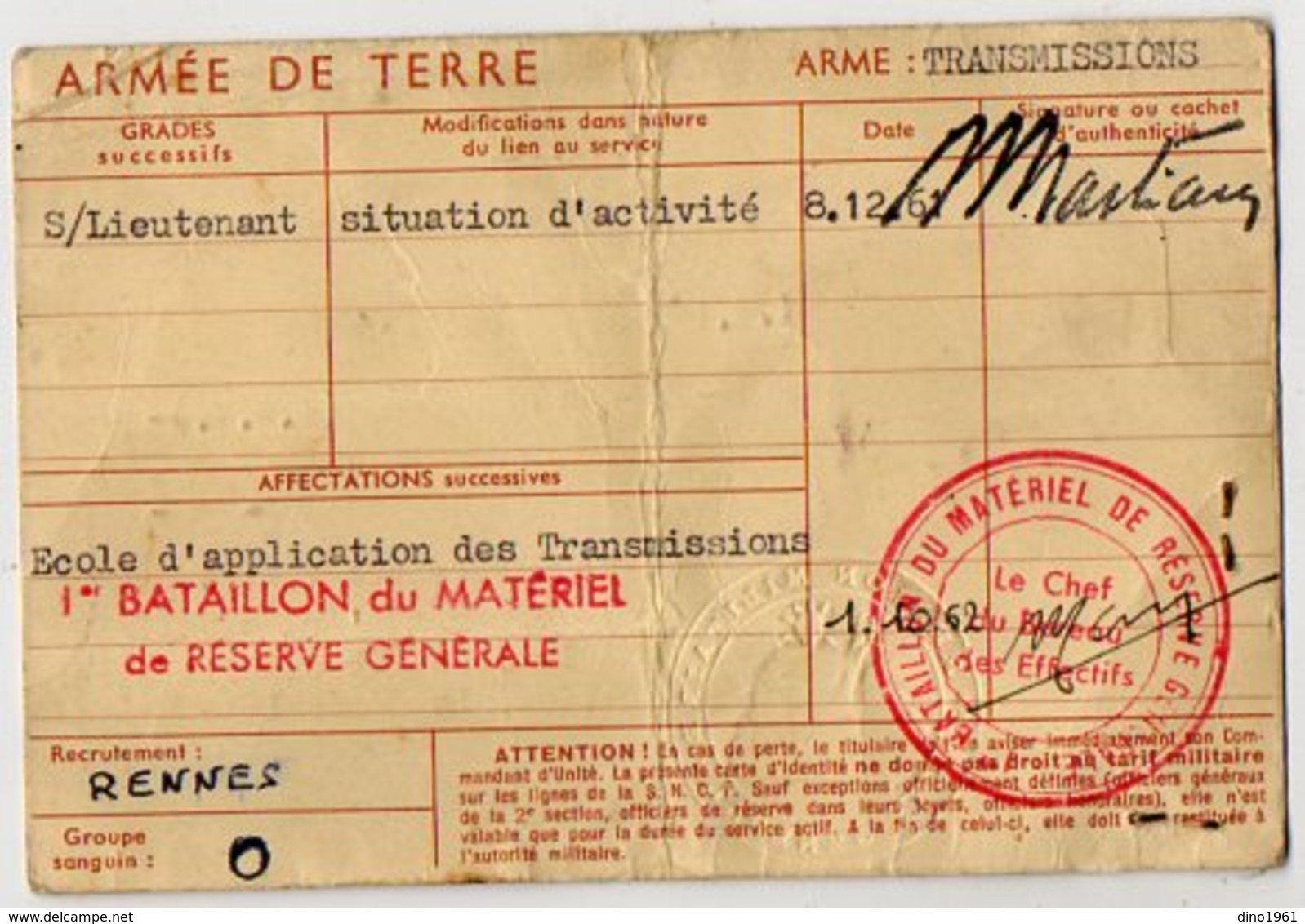 VP12.823 - MILITARIA - PARIS 1961 - Carte D'Identité Militaire Avec Photo - Soldat J.C HIREL Né à MOUTIERS - Documenten