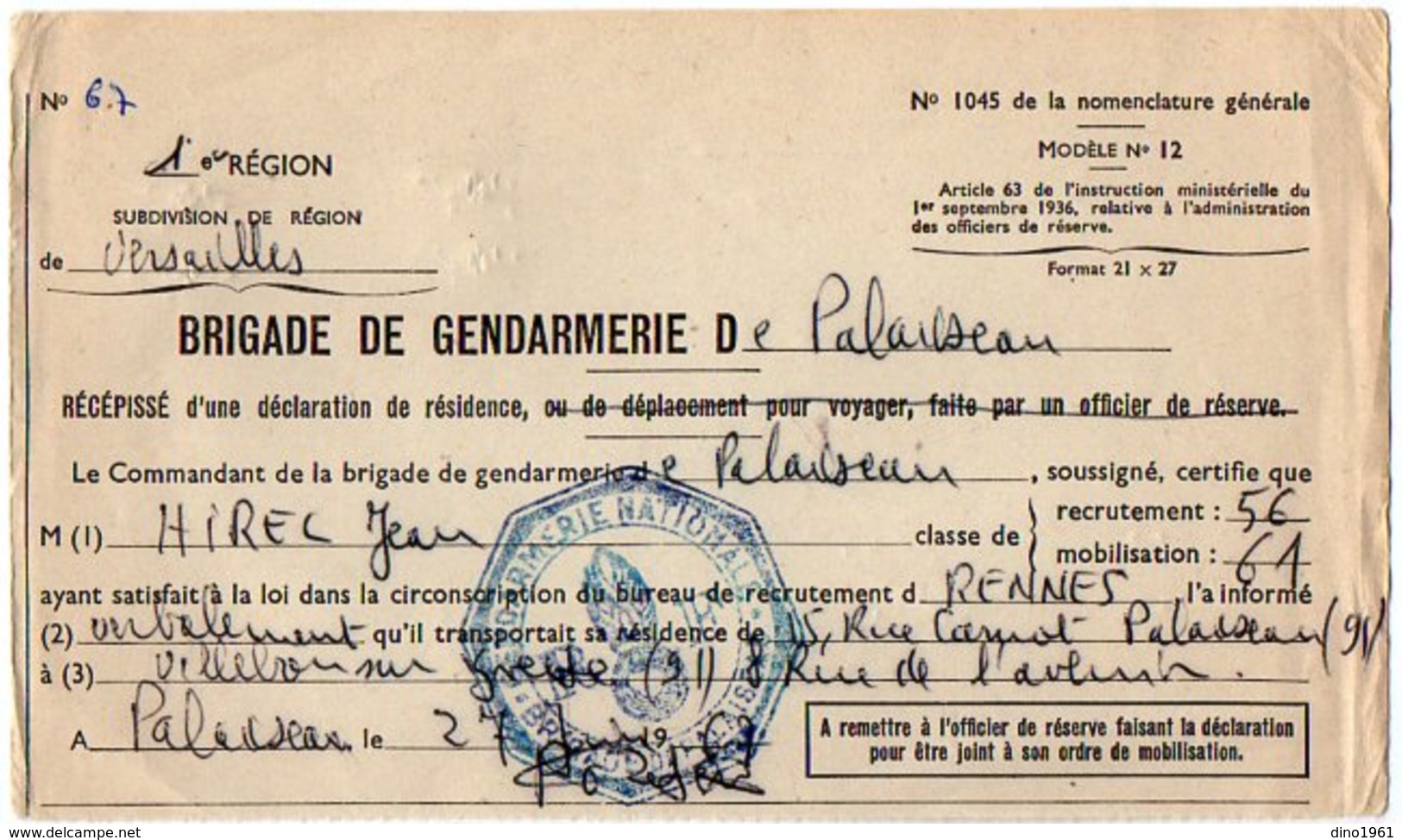 VP12.824 - MILITARIA - PALAISEAU 1967 - Police - Récépissé - Soldat J.C HIREL Né à MOUTIERS - Politie & Rijkswacht