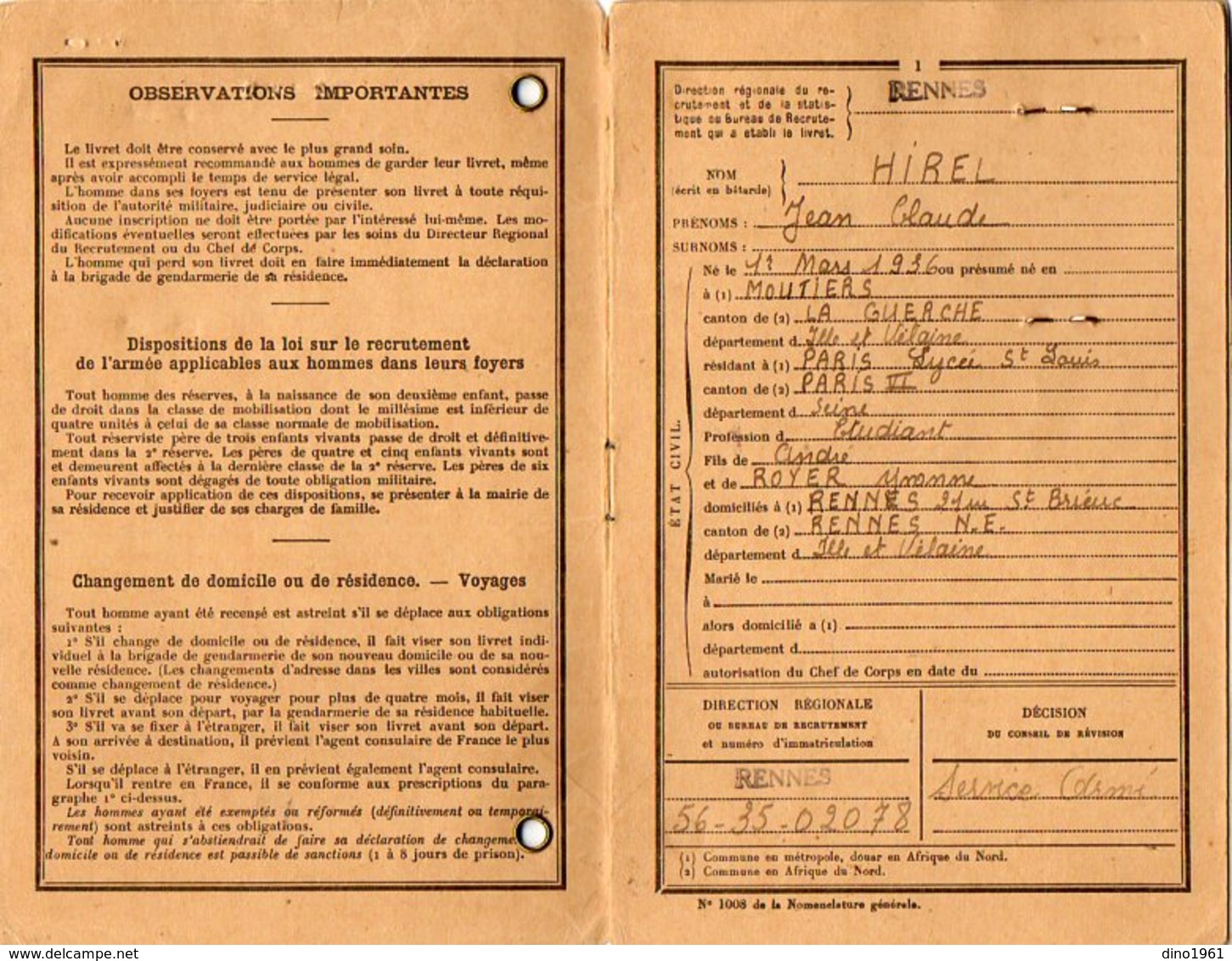 VP12.826 - MILITARIA - RENNES 1956 - Livret Militaire - Soldat J.C HIREL Né à MOUTIERS - Documents