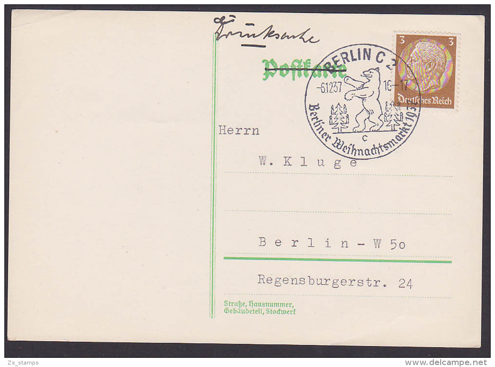 Germany Deutsches Reich Berlin C2 SSt. Weihnachtsmarkt  1937 3 Pfg Hindenburg, Berliner Bär Christbaum - Frankeermachines (EMA)